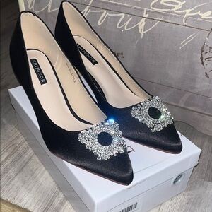 Emjunor Black Satin Heels with Sparkling Crystal Embellishments